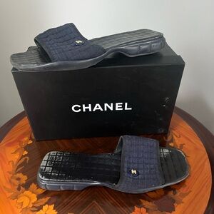 Authentic CHANEL  navy blue fabric flat slides, Sz.8 1/2, in fair condition